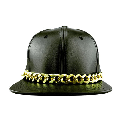 Faux Leather Snapback Hat with Gold Chain