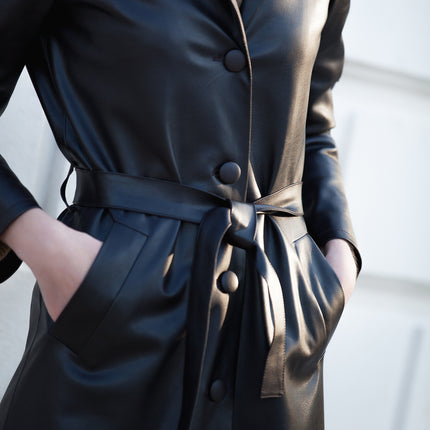 Faux Leather Midi Coat With Belt