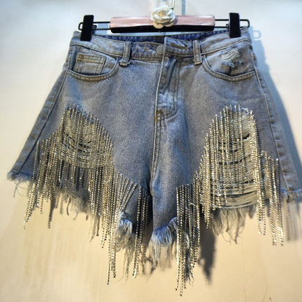 Streetwear Casual Rhinestone High Waist Pants Denim Ripped Ladies Jeans Shorts